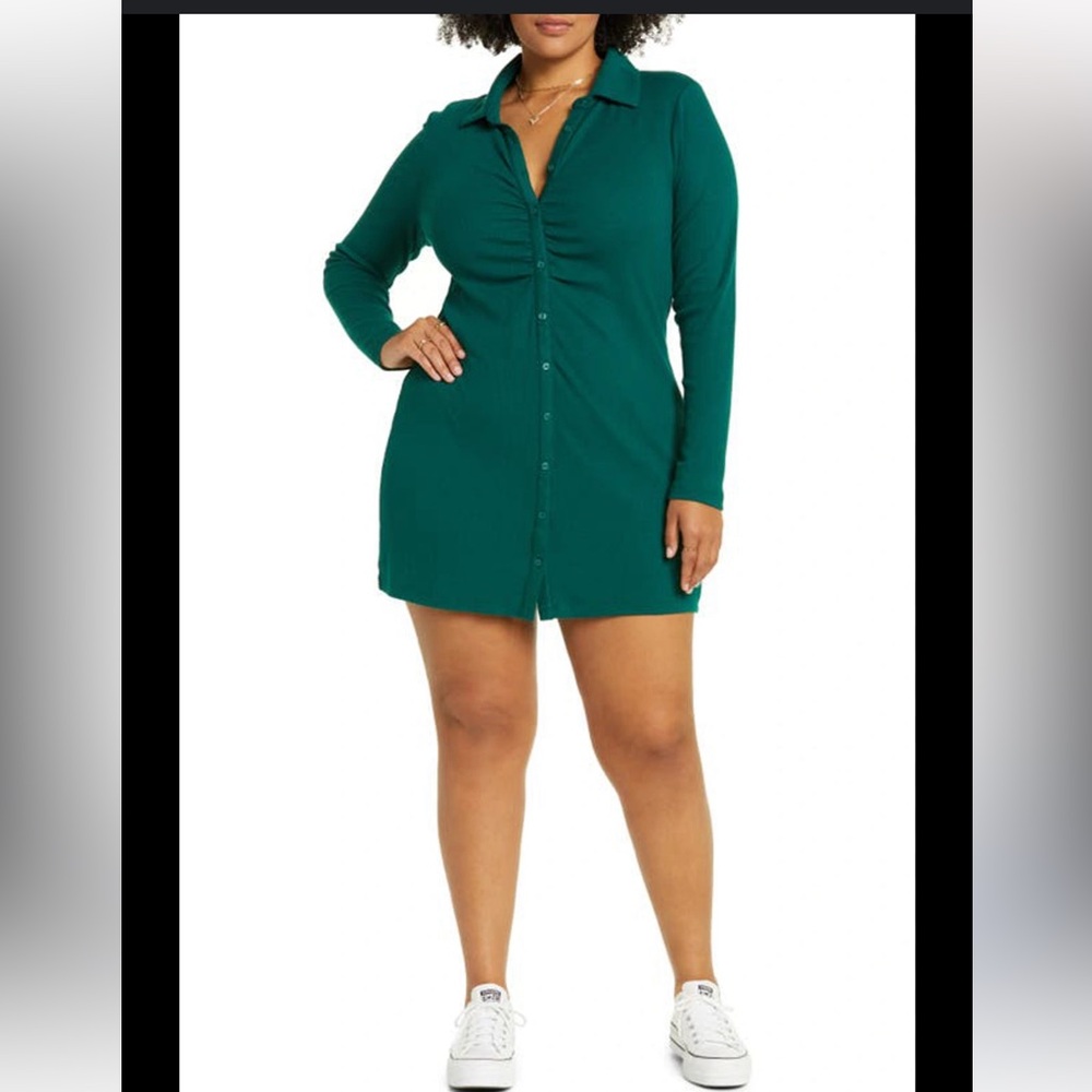 Bp ruched bodycon emerald green button front shirt dress size 1X NEW!